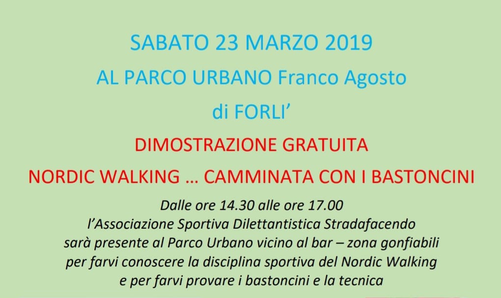 Al momento stai visualizzando Sabato 23 marzo 2019 – Dimostrazione gratuita di Nordic Walking al Parco Urbano di Forlì